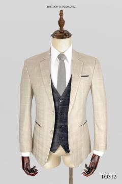 Bộ suit kem caro nhạt sọc hai nút TG312